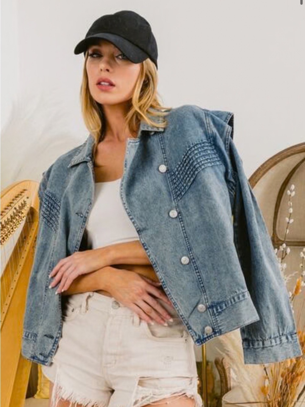 Bibi denim jacket with 80s inspired pintuck pleats asymmetric button up NWT